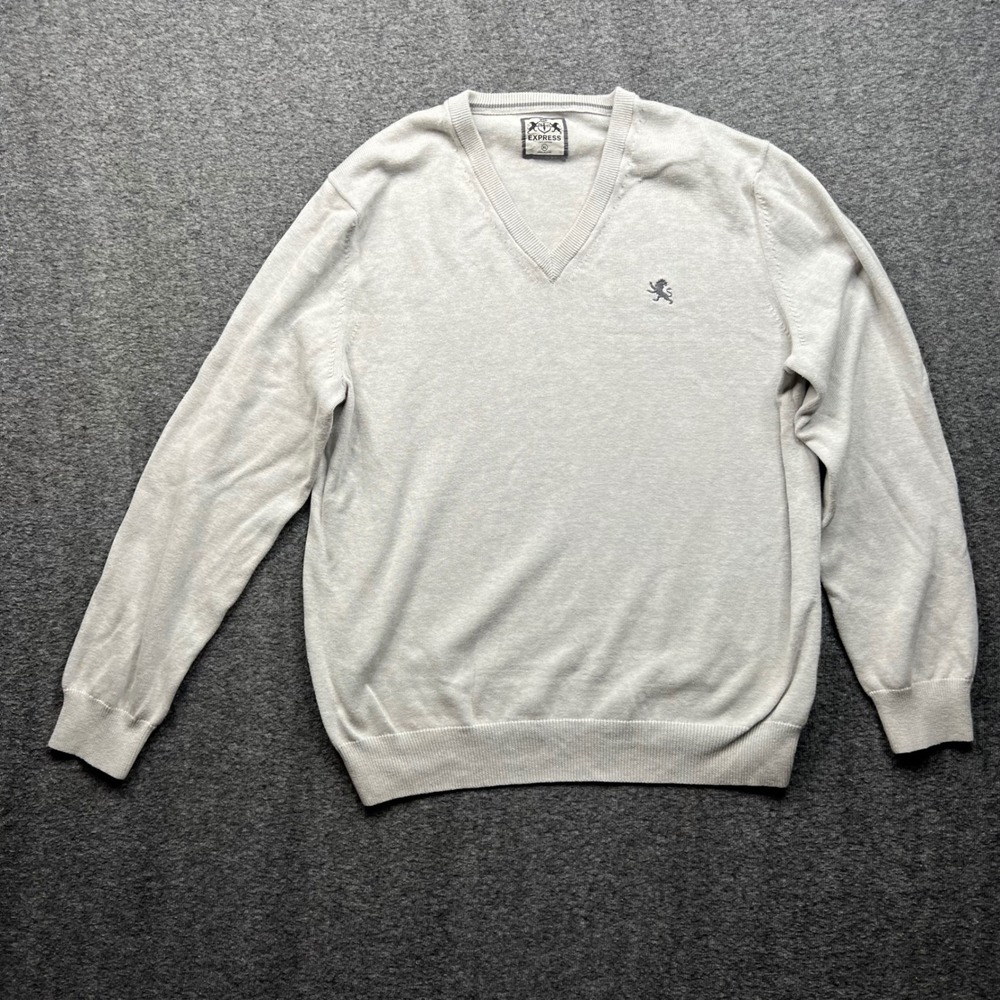 Express Sweater Mens XL Gray V-Neck Cotton Lion Logo Pullover Long Sleeve